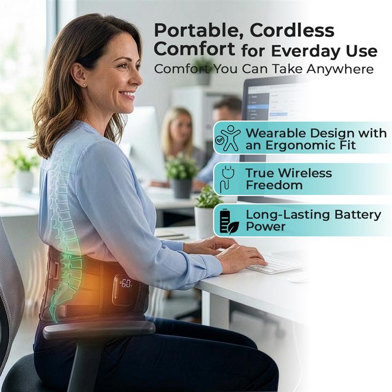 Uppvärmd uppladdningsbar och trådlös ländryggsvärmare med vibration